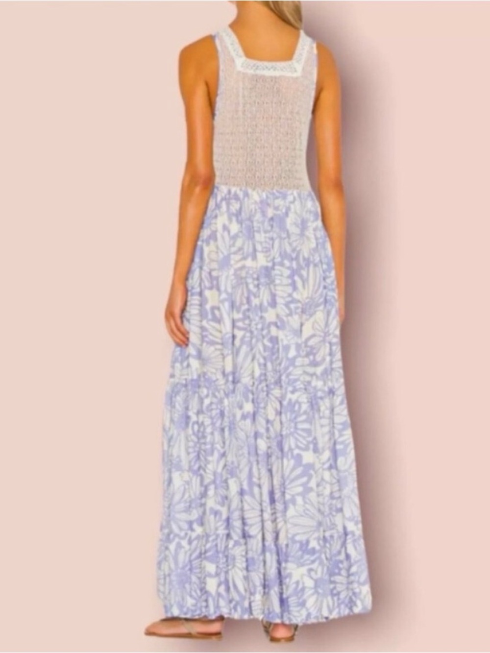 Free People Tiers For You Maxi Dress M Blue Floral Crochet Boho Cottagecore - Picture 2 of 10